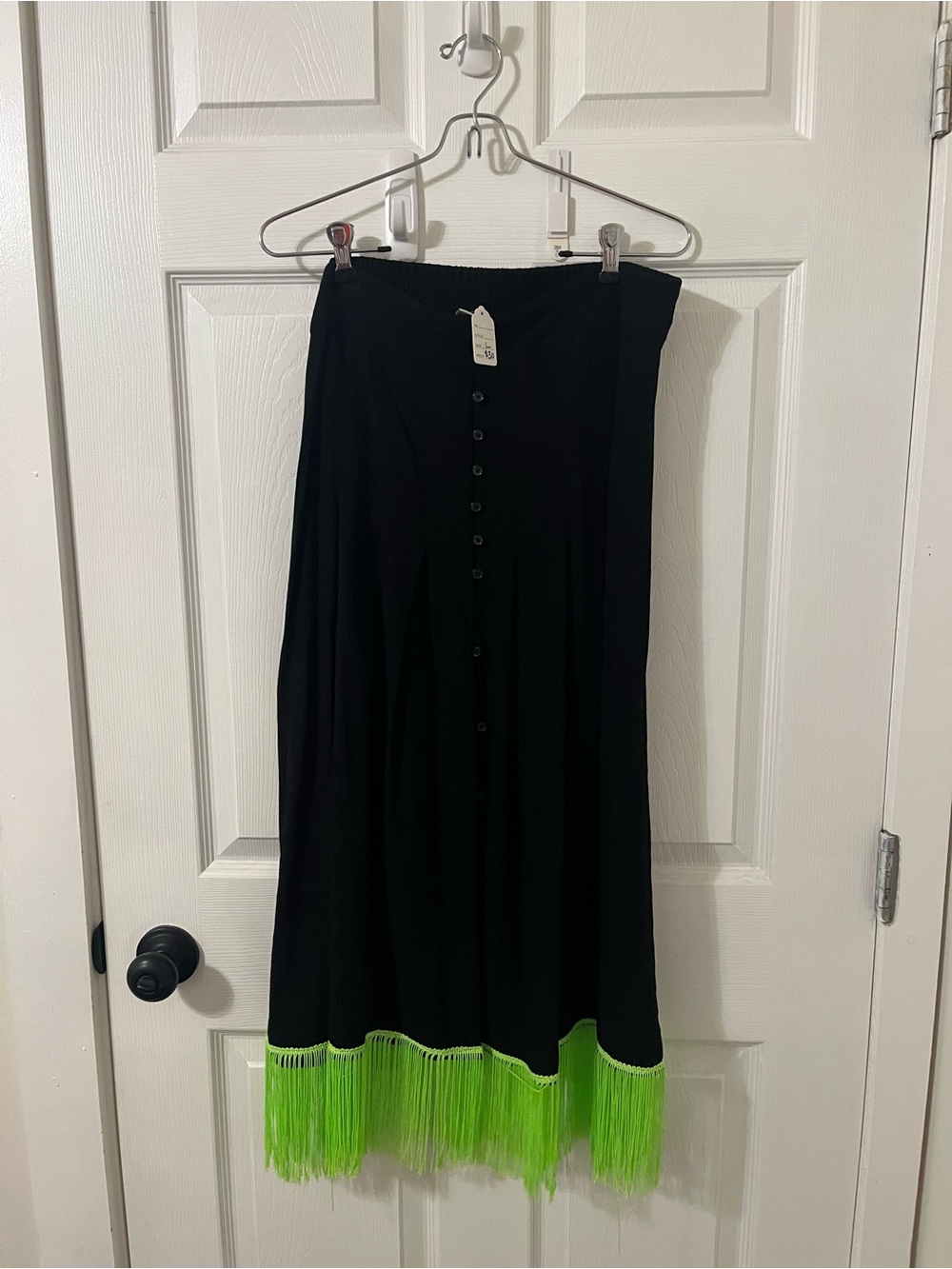 Black Maxi Skirt with Neon Fluorescent Green Fringe Trim